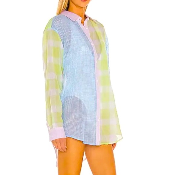 New Solid & Striped x Free People Oxford Med Pink Blue Plaid Coverup Buttondown - Picture 7 of 16